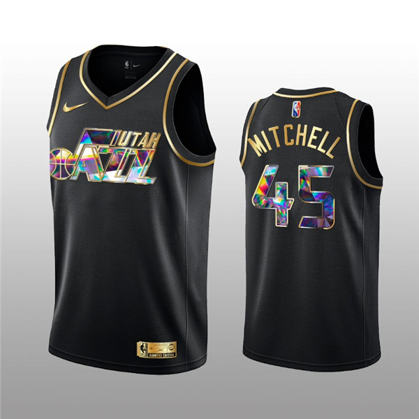 Men's Utah Jazz #45 Donovan Mitchell 2021/22 Black Golden Edition 75th Anniversary Diamond Logo Stitched Basketball Jersey Men's Utah Jazz #45 Donovan Mitchell 2021/22 Black Golden Edition 75th Anniversary Diamond Logo Stitched Basketball Jersey